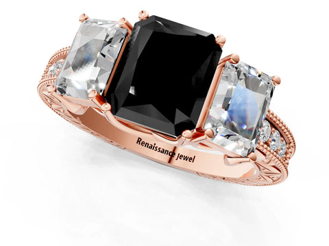 Rose gold Three-Stone Fancy Black Radiant Cut Cut Milgrain Pavé Engagement Ring_1