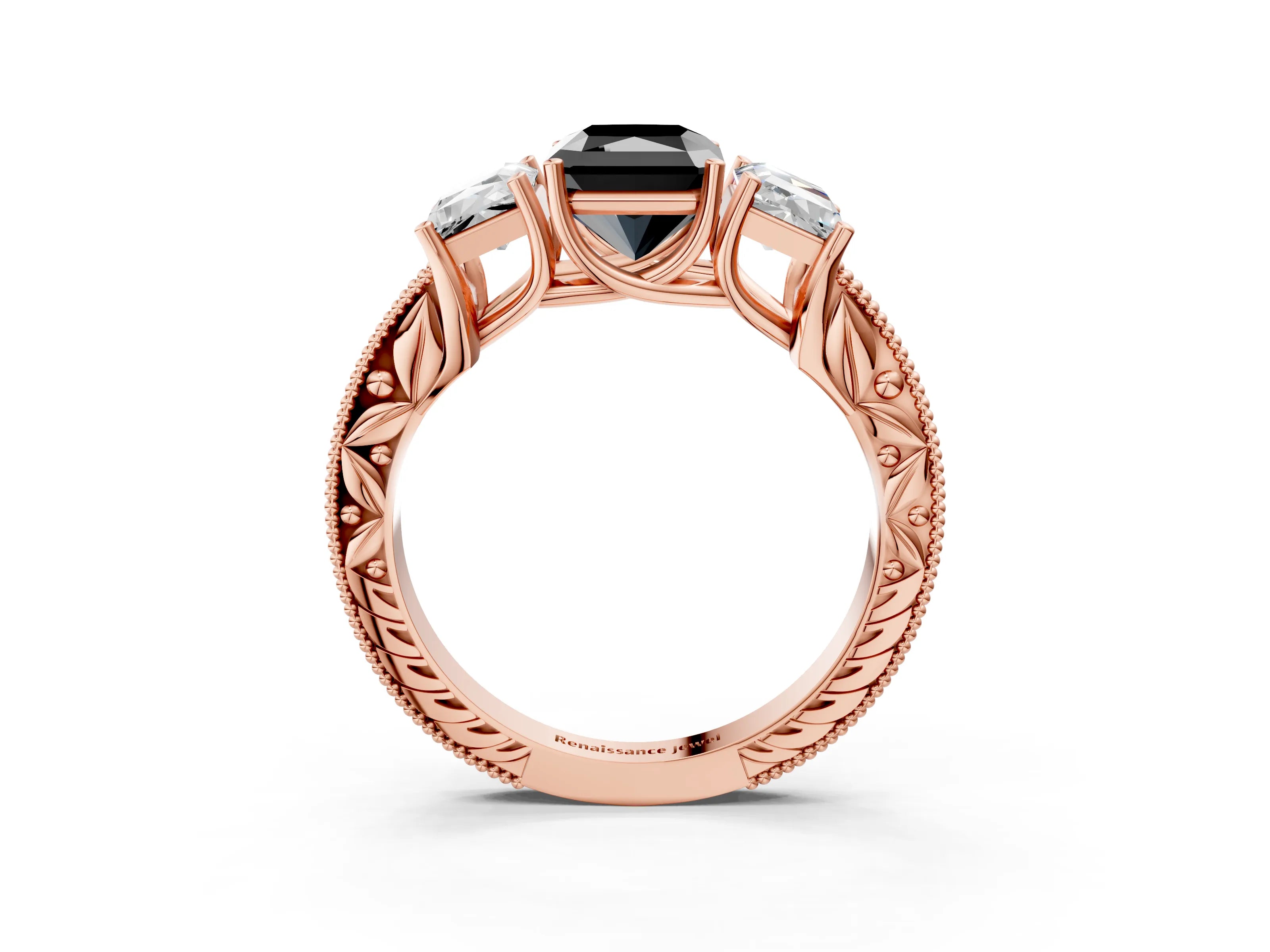 Rose gold Three-Stone Fancy Black Radiant Cut Cut Milgrain Pavé Engagement Ring_3
