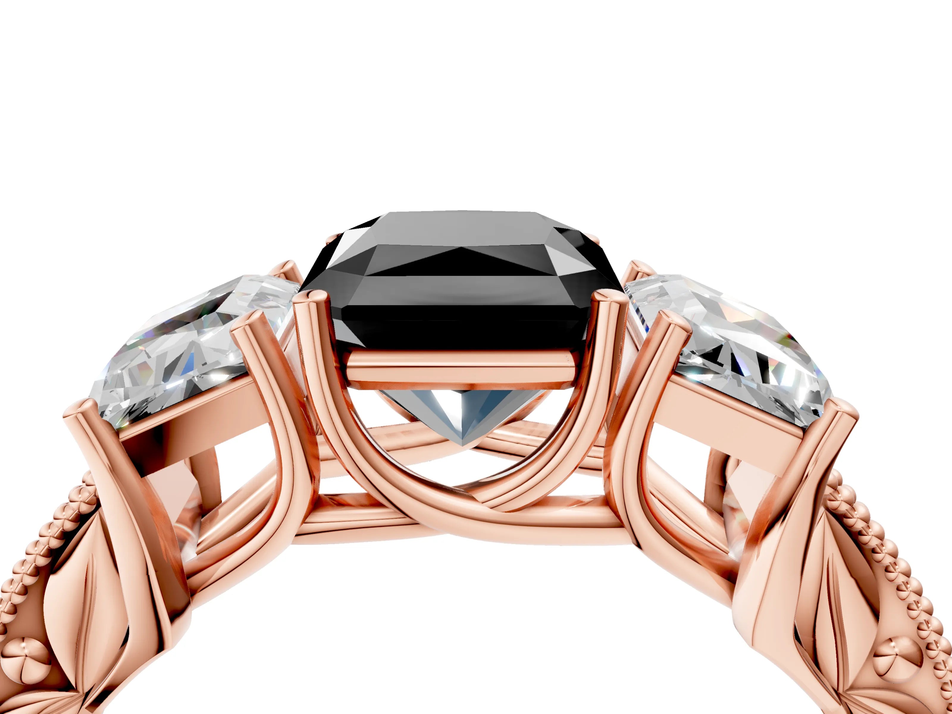 Rose gold Three-Stone Fancy Black Radiant Cut Cut Milgrain Pavé Engagement Ring_4