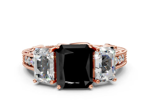 Rose gold Three-Stone Fancy Black Radiant Cut Cut Milgrain Pavé Engagement Ring