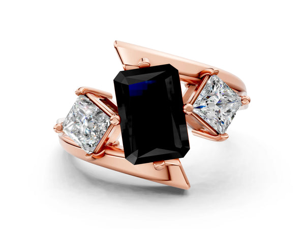 Rose gold Three-Stone Fancy Black Radiant Cut Cut Tension Band Ring with Four-Prong Setting