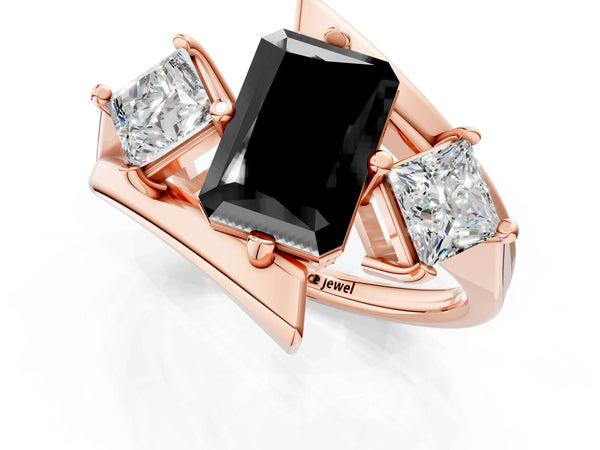 Rose gold Three-Stone Fancy Black Radiant Cut Cut Tension Band Ring with Four-Prong Setting