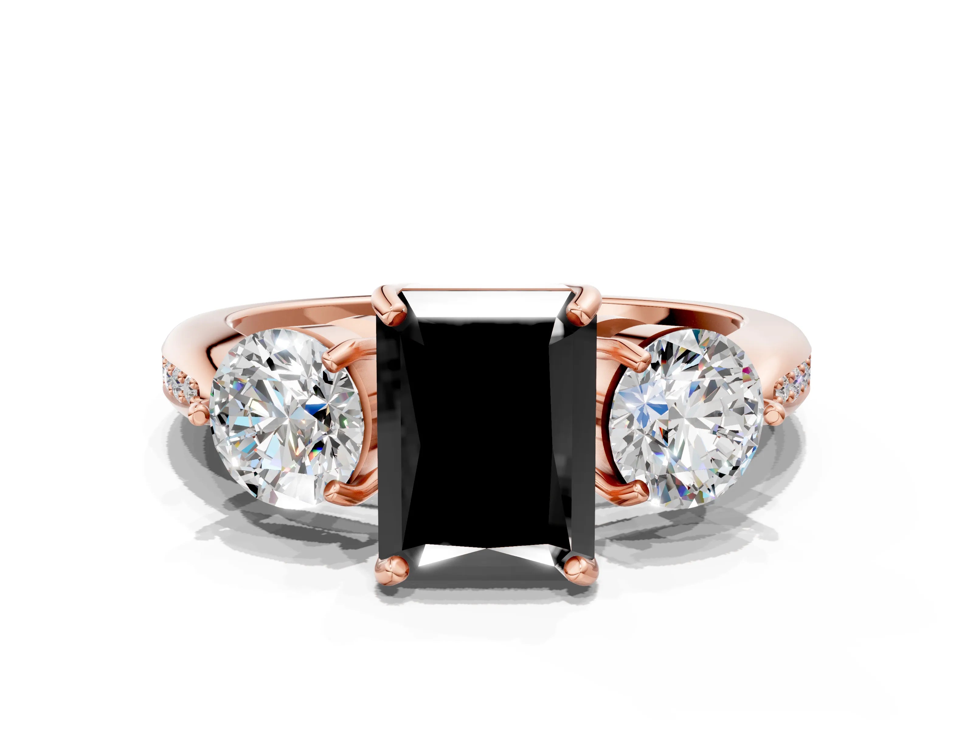 Rose gold Three-Stone Fancy Black Radiant Cut Diamond Channel Set Engagement Ring with Prong Setting