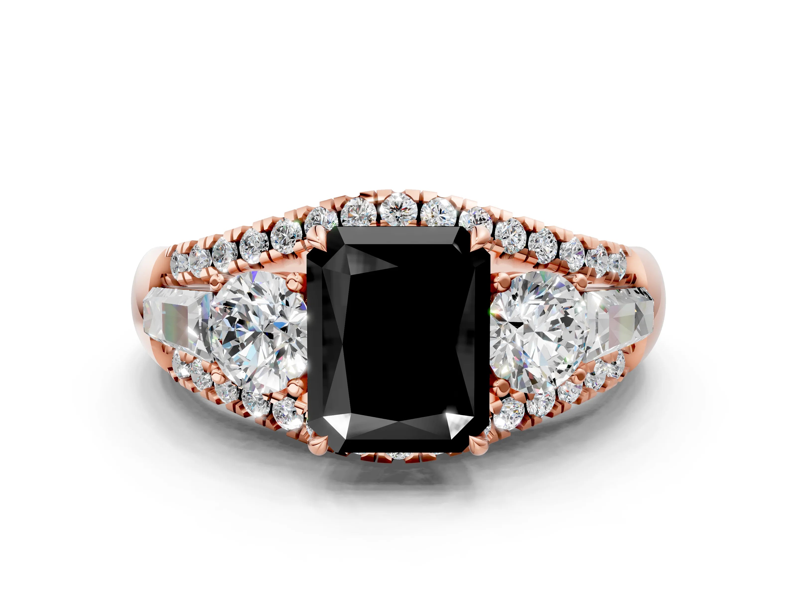 Rose gold Three-Stone Fancy Black Radiant Cut Diamond Engagement Ring with Pave Band and Prong Setting