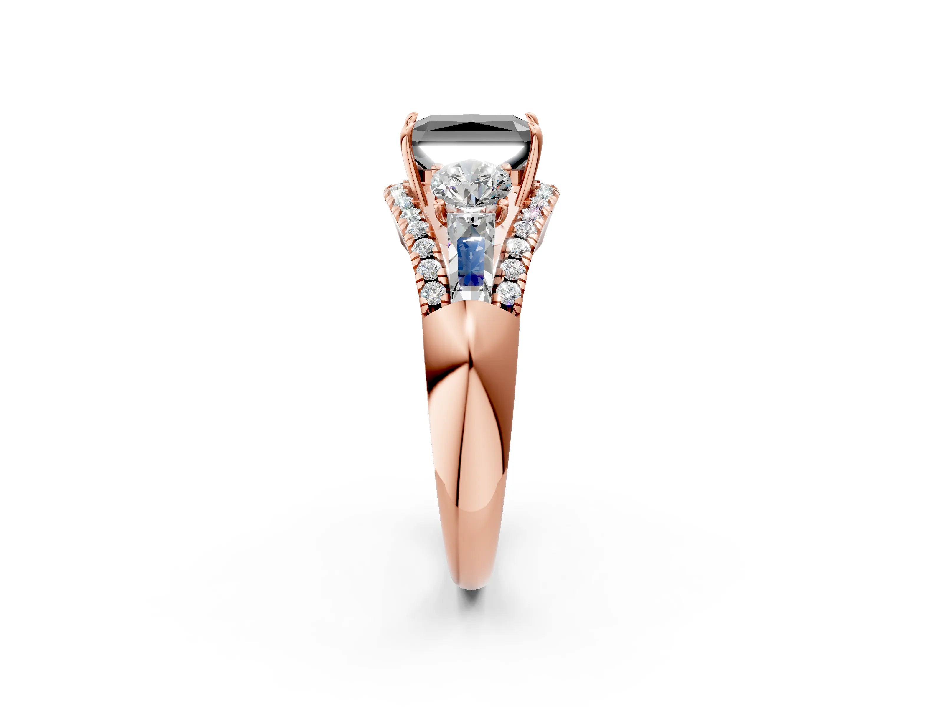 Rose gold Three-Stone Fancy Black Radiant Cut Diamond Engagement Ring with Pave Band and Prong Setting_2