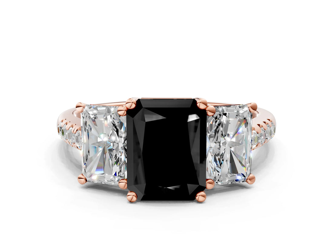 Rose gold Three-Stone Fancy Black Radiant Cut Diamond Ring with Pavé Band and Prong Setting_24