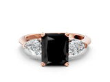 Rose gold Three-Stone Fancy Black Radiant Cut Diamond Ring with Pear Side Stones and Four-Prong Setting