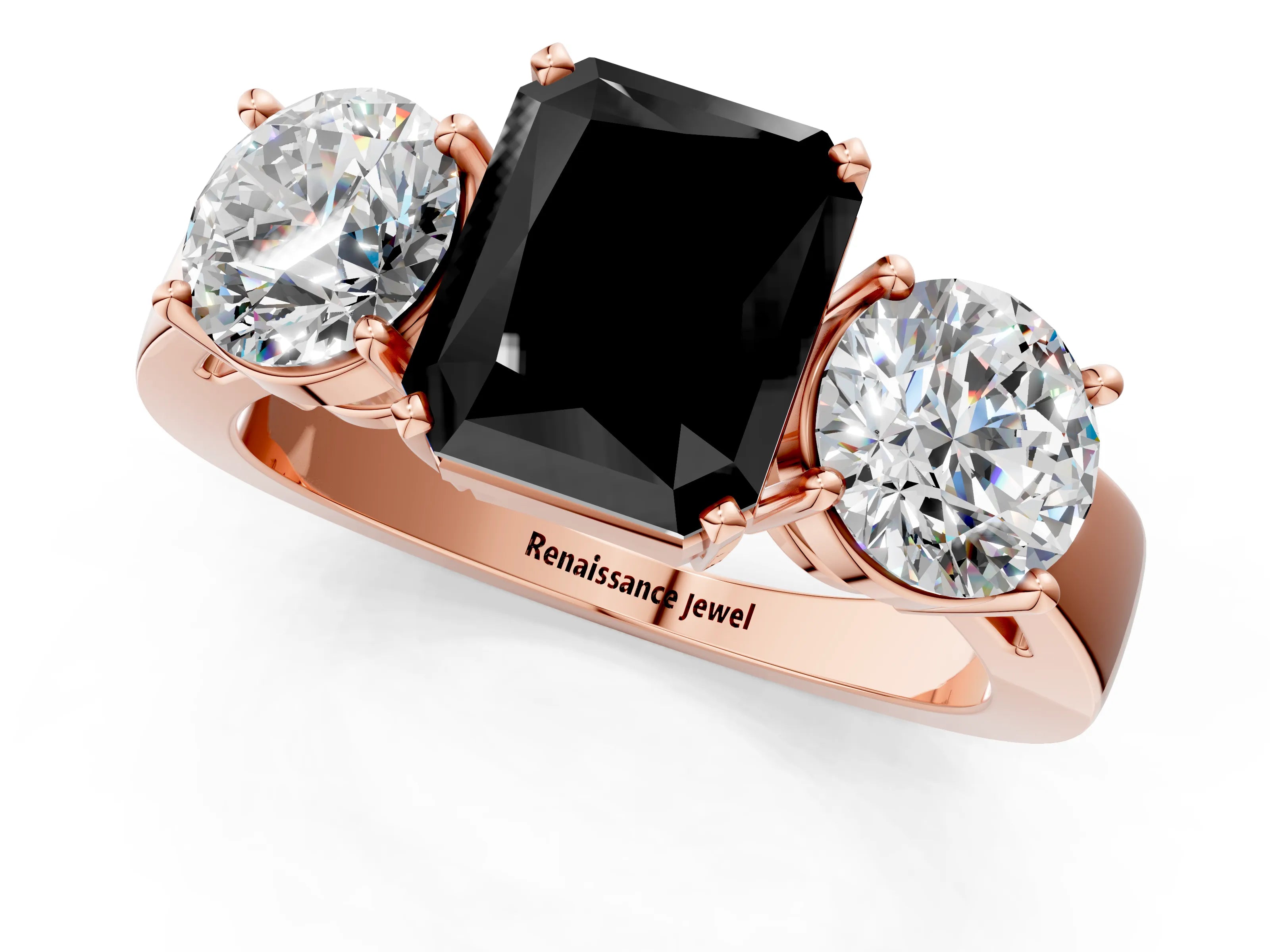 Rose gold Three-Stone Fancy Black Radiant Cut Diamond Ring with Round Side Stones, Classic Band, and Four-Prong Setting_1