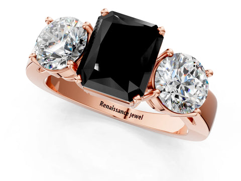 Rose gold Three-Stone Fancy Black Radiant Cut Diamond Ring with Round Side Stones, Classic Band, and Four-Prong Setting_1