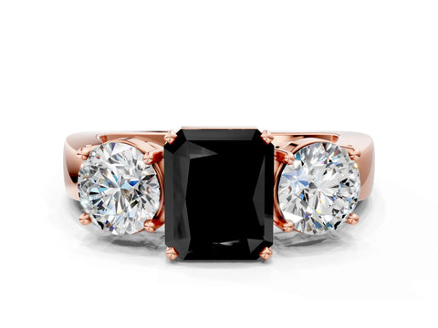 Rose gold Three-Stone Fancy Black Radiant Cut Diamond Ring with Round Side Stones, Classic Band, and Four-Prong Setting