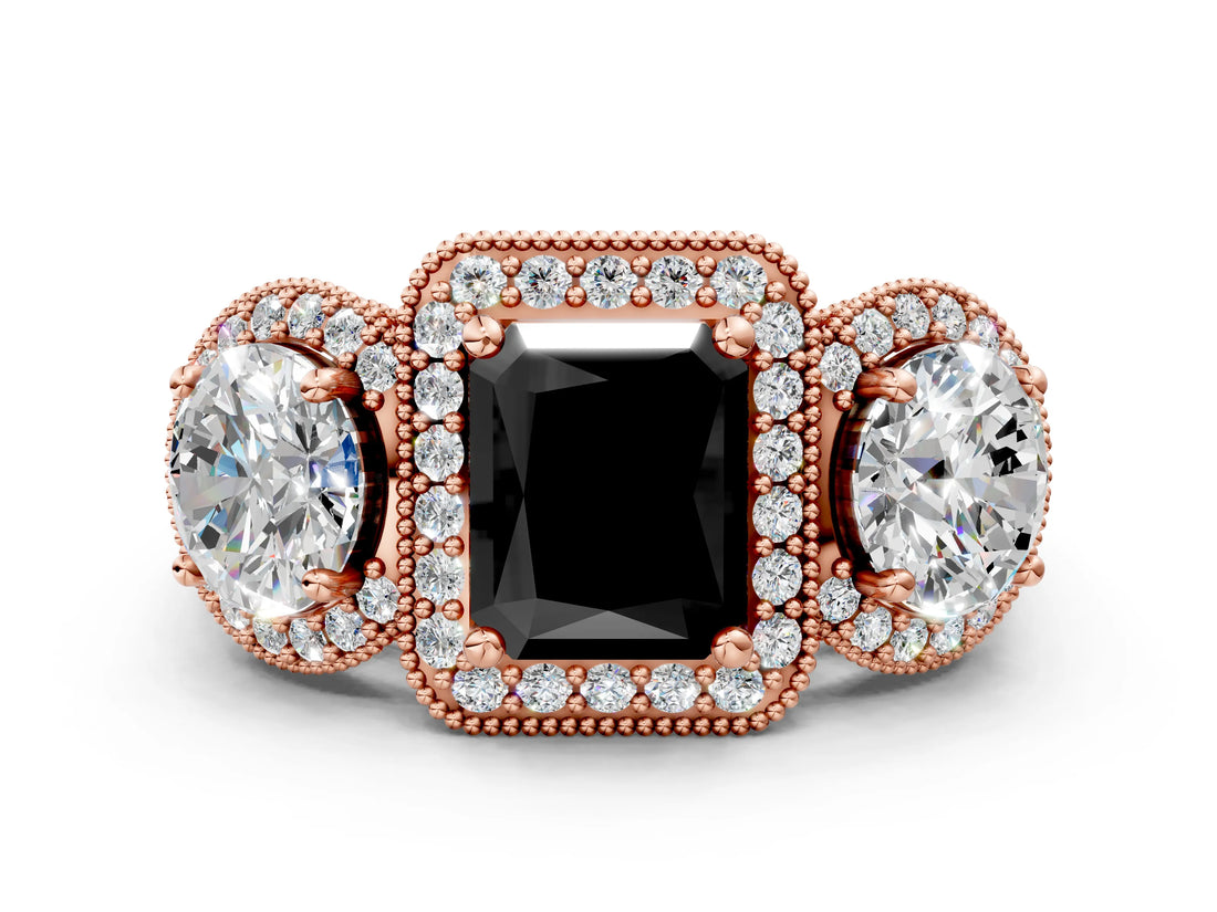 Rose gold Three-Stone Fancy Black Radiant Cut Halo Diamond Milgrain Band with Four-Prong Setting