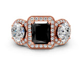 Rose gold Three-Stone Fancy Black Radiant Cut Halo Diamond Milgrain Band with Four-Prong Setting