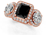 Rose gold Three-Stone Fancy Black Radiant Cut Halo Diamond Milgrain Band with Four-Prong Setting_1