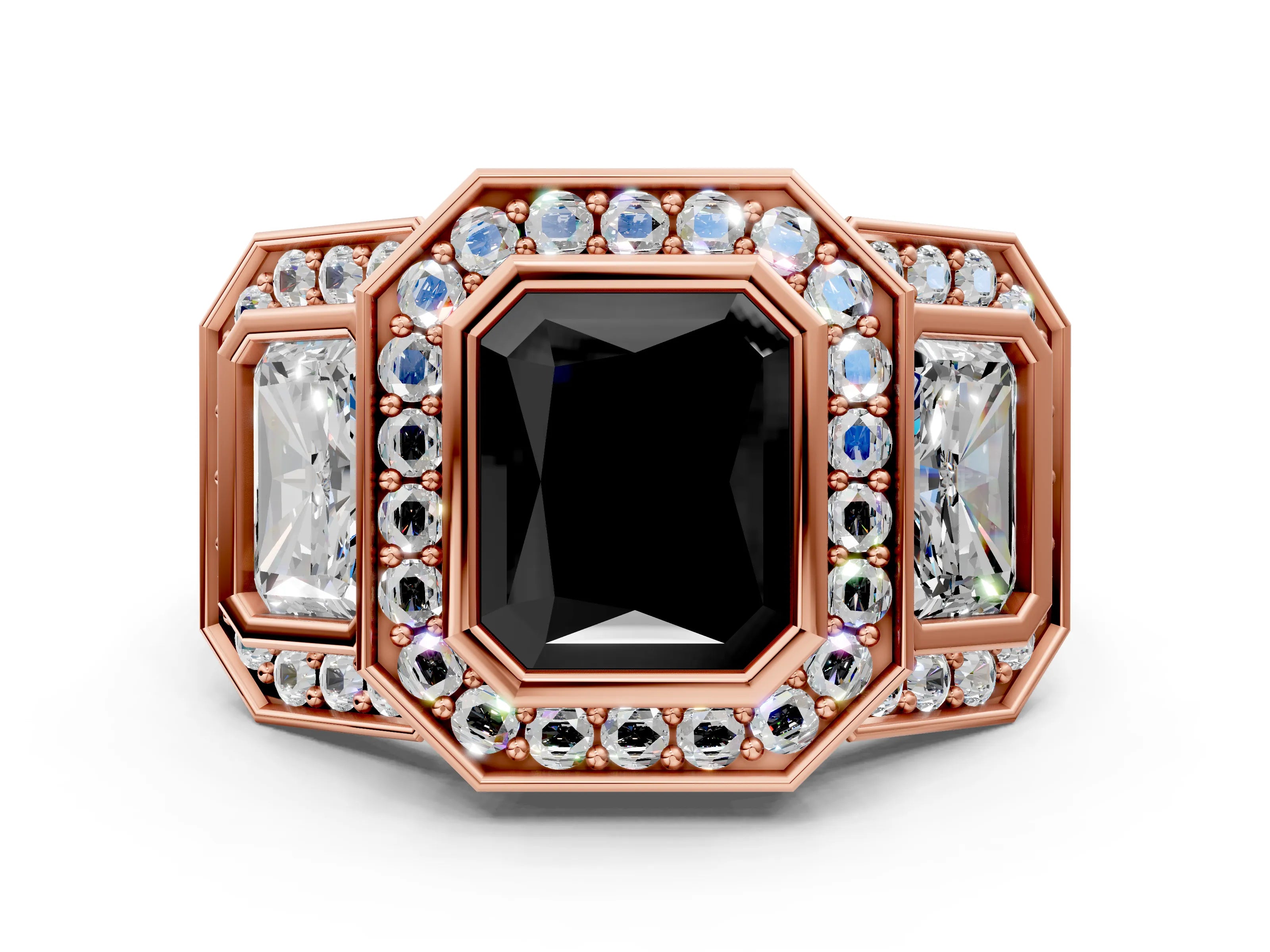 Rose gold Three-Stone Fancy Black Radiant Cut Halo Pavé Diamond Ring_12