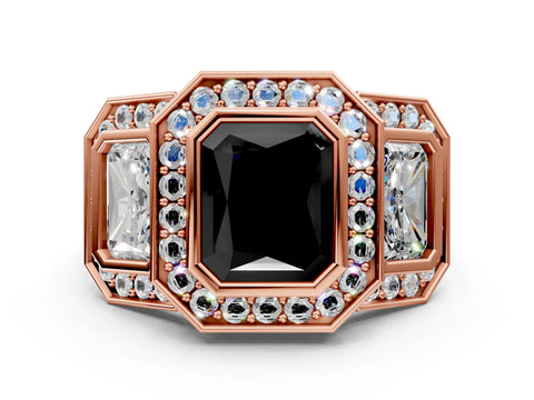 Rose gold Three-Stone Fancy Black Radiant Cut Halo Pavé Diamond Ring_12