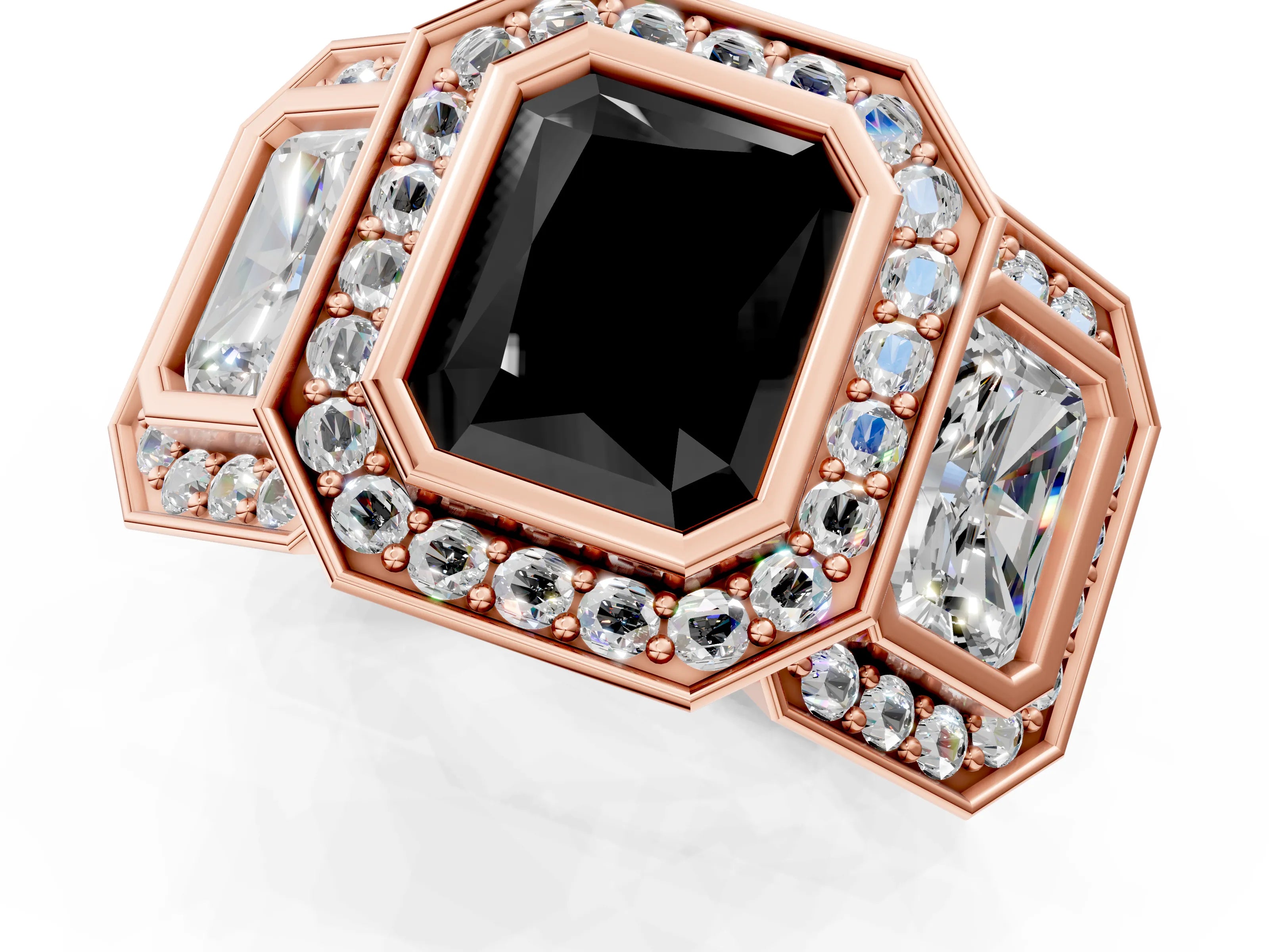 Rose gold Three-Stone Fancy Black Radiant Cut Halo Pavé Diamond Ring_13