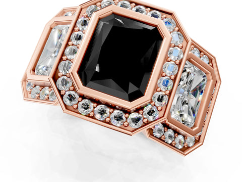 Rose gold Three-Stone Fancy Black Radiant Cut Halo Pavé Diamond Ring_13