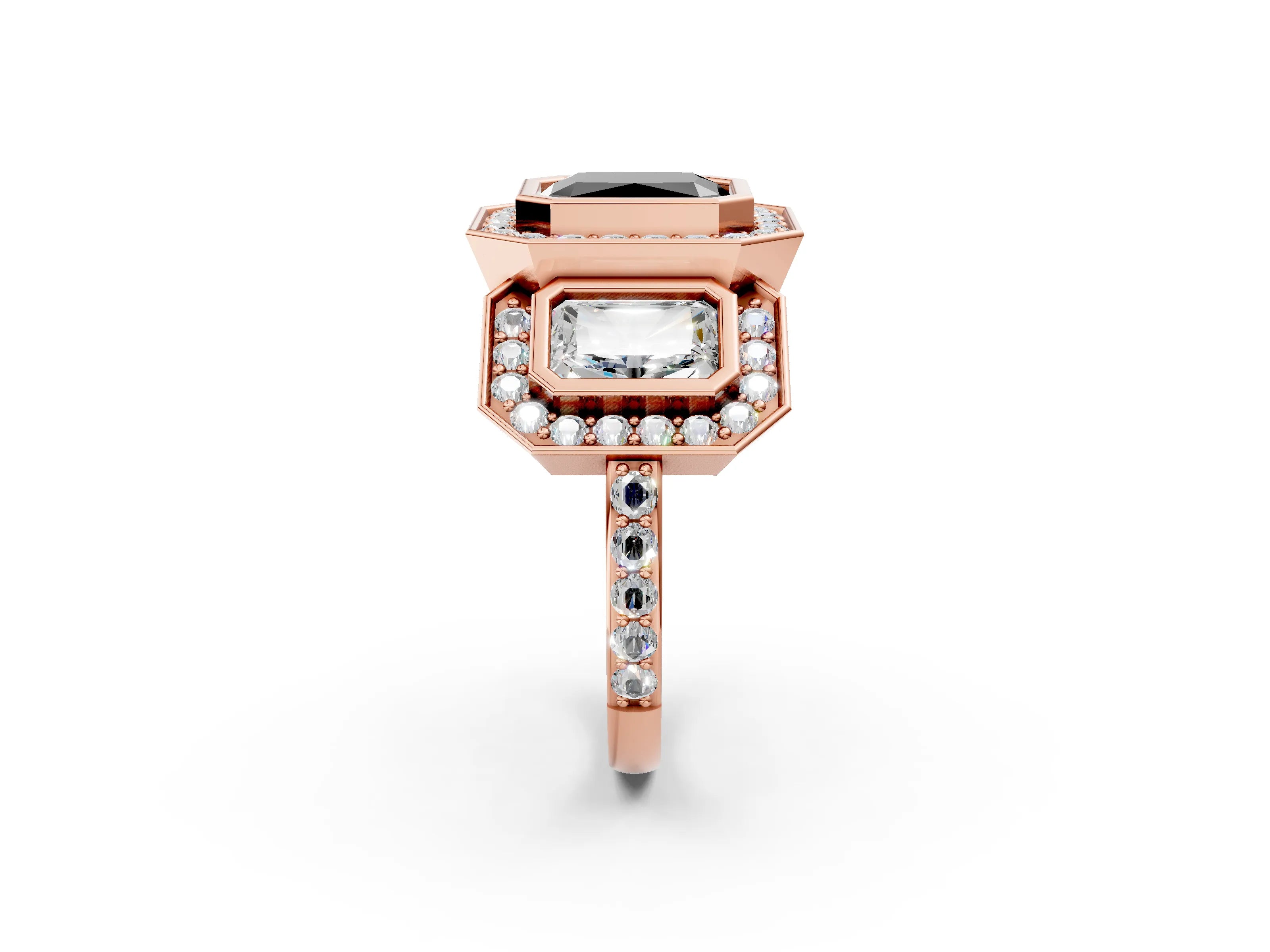 Rose gold Three-Stone Fancy Black Radiant Cut Halo Pavé Diamond Ring_14