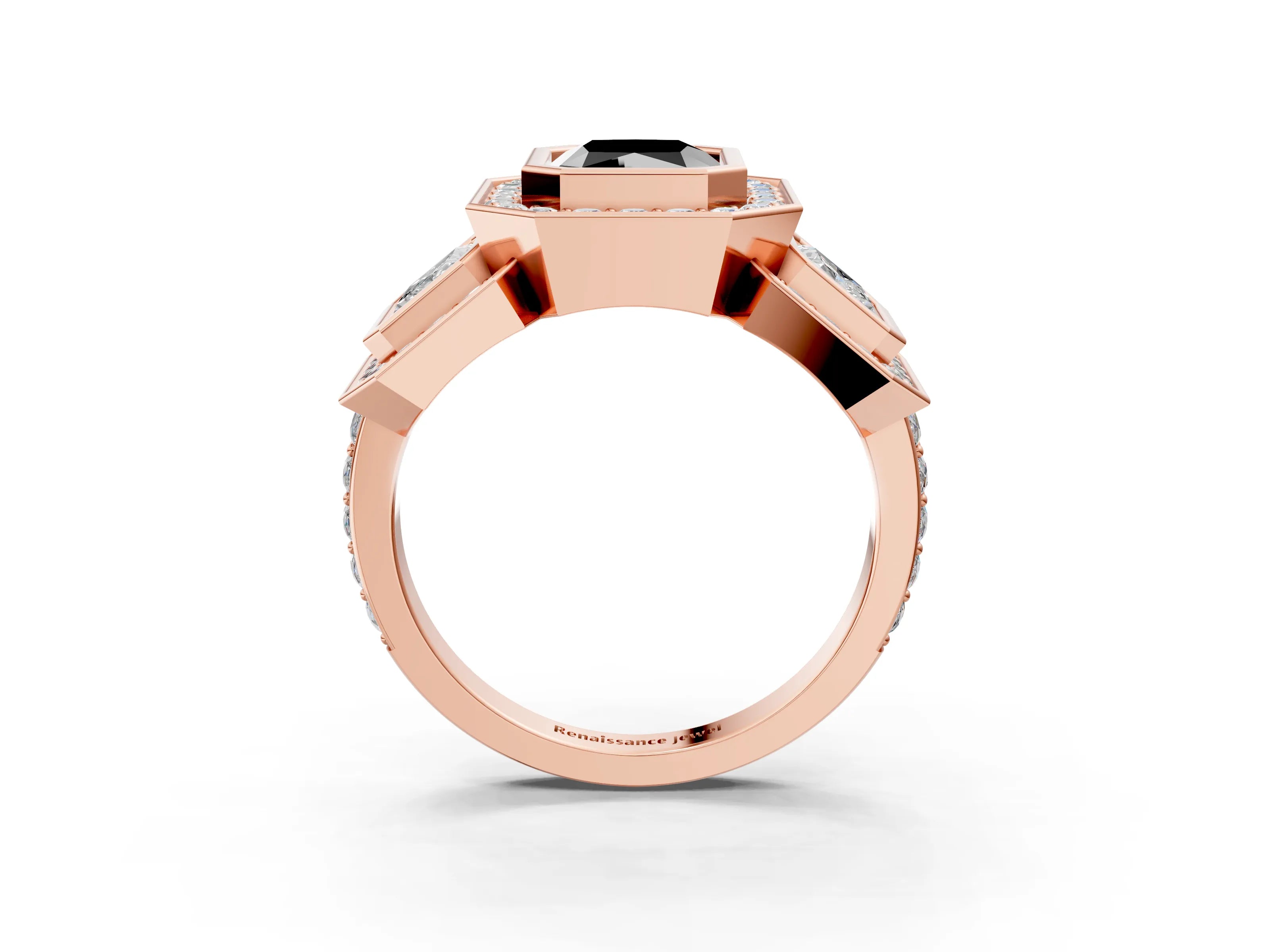 Rose gold Three-Stone Fancy Black Radiant Cut Halo Pavé Diamond Ring_15