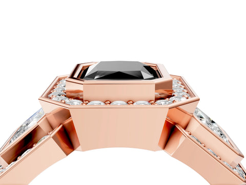 Rose gold Three-Stone Fancy Black Radiant Cut Halo Pavé Diamond Ring_16