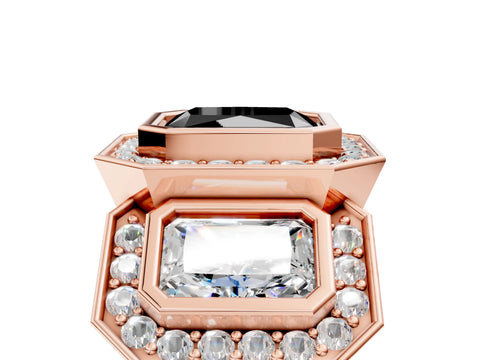 Rose gold Three-Stone Fancy Black Radiant Cut Halo Pavé Diamond Ring_17
