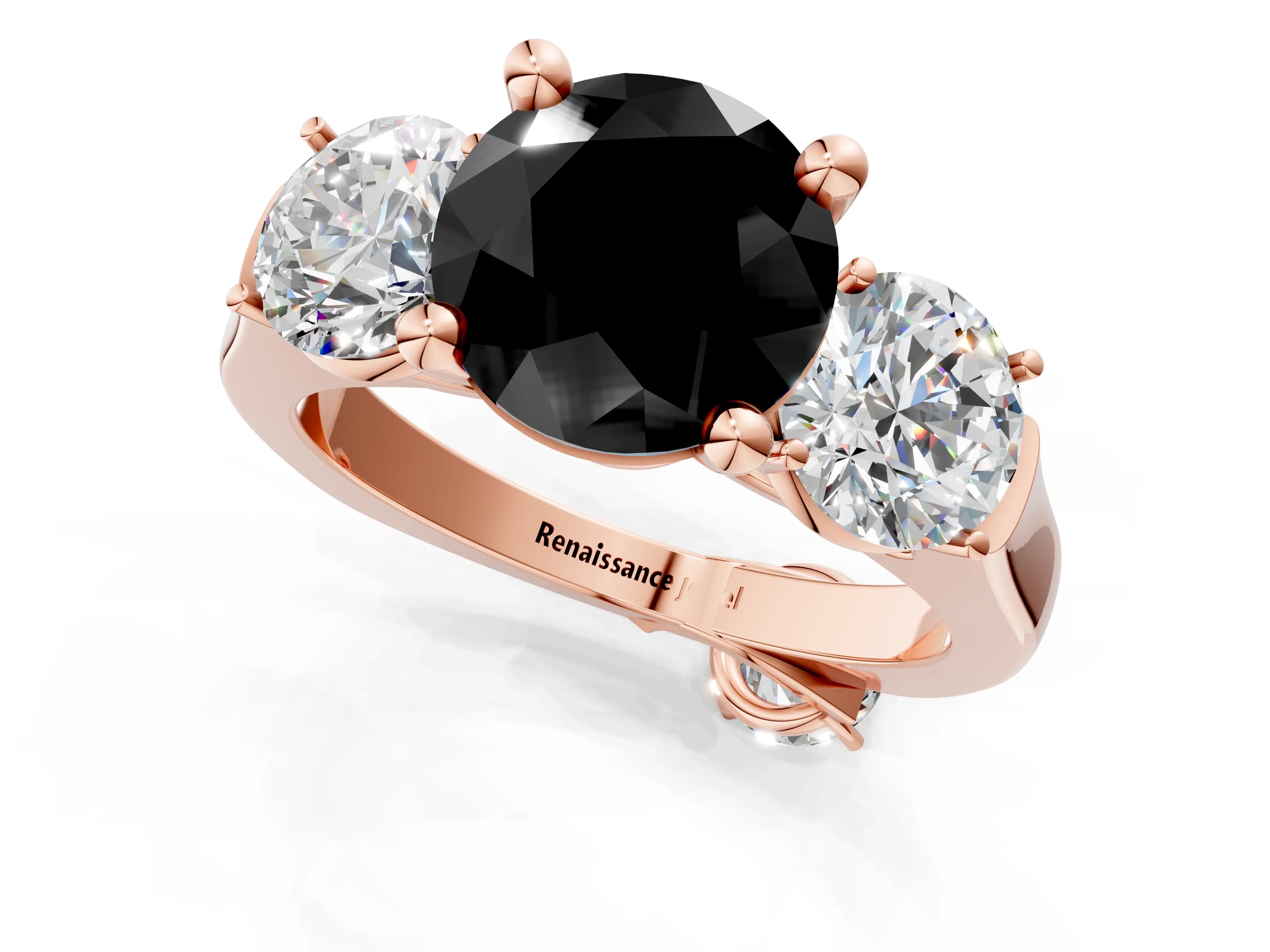 Rose gold Three-Stone Fancy Black Round Cut Brilliant Diamond Trellis Ring with Comfort Fit Band_1