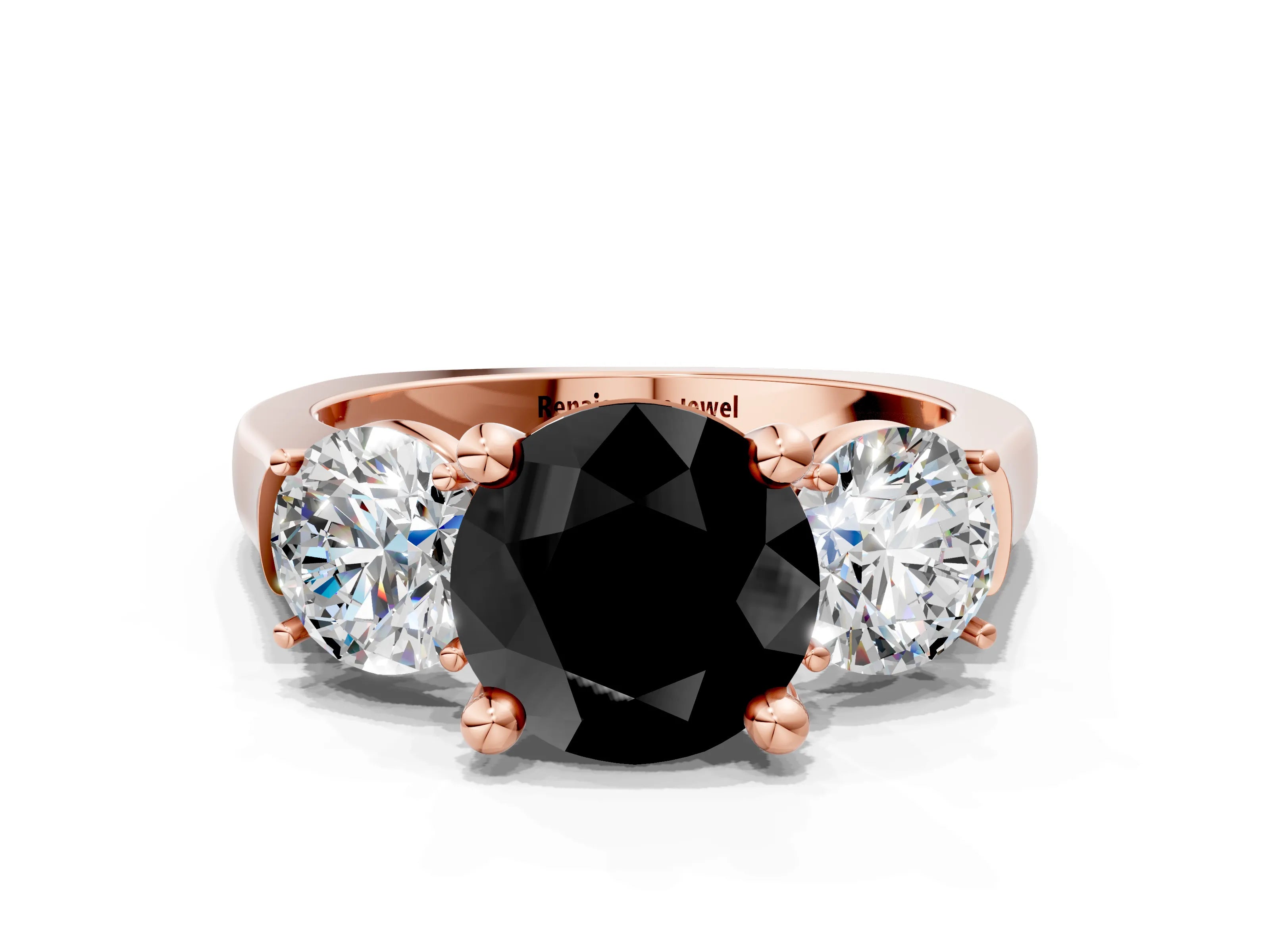 Rose gold Three-Stone Fancy Black Round Cut Brilliant Diamond Trellis Ring with Comfort Fit Band_12