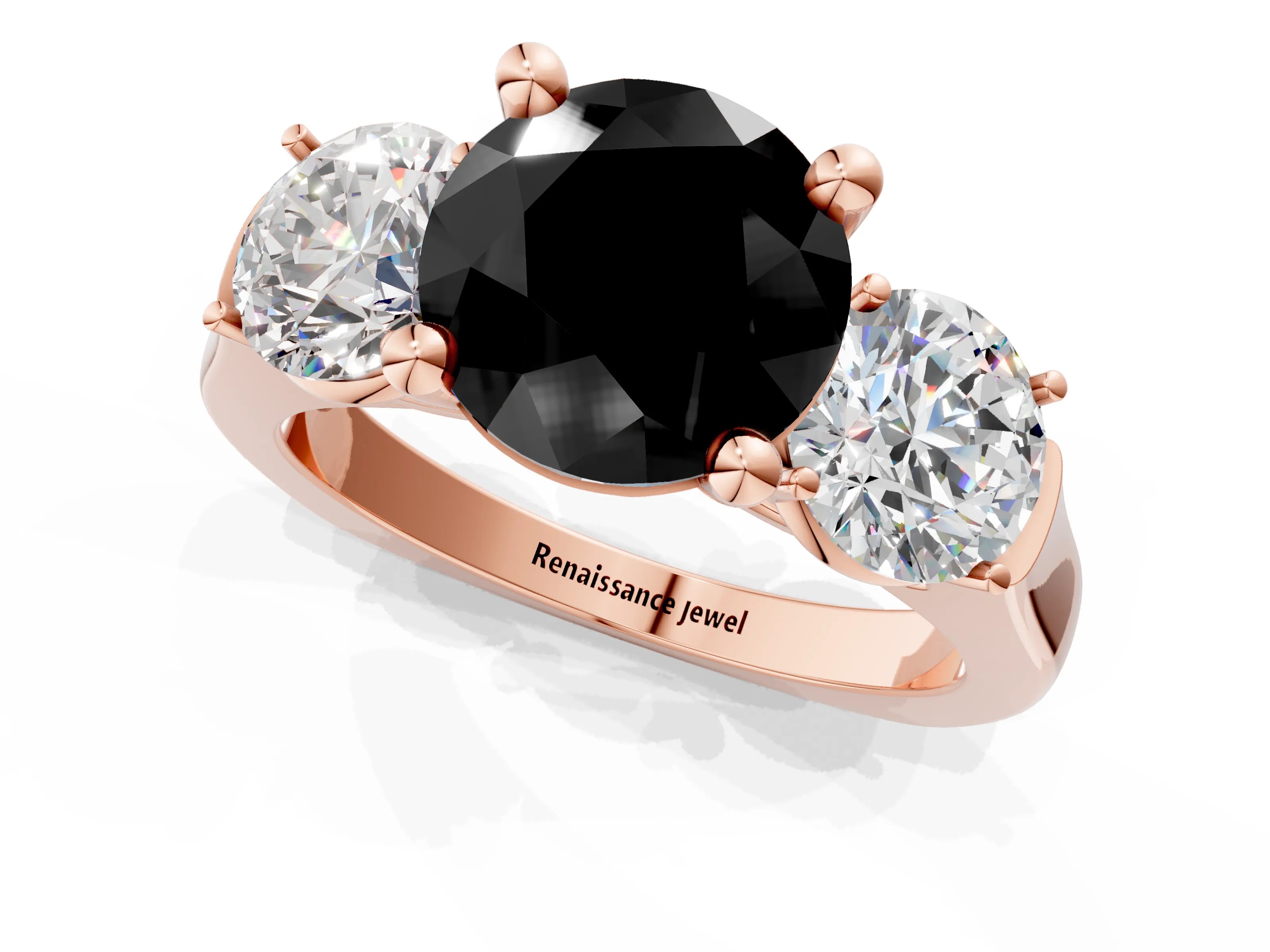 Rose gold Three-Stone Fancy Black Round Cut Brilliant Diamond Trellis Ring with Comfort Fit Band_13
