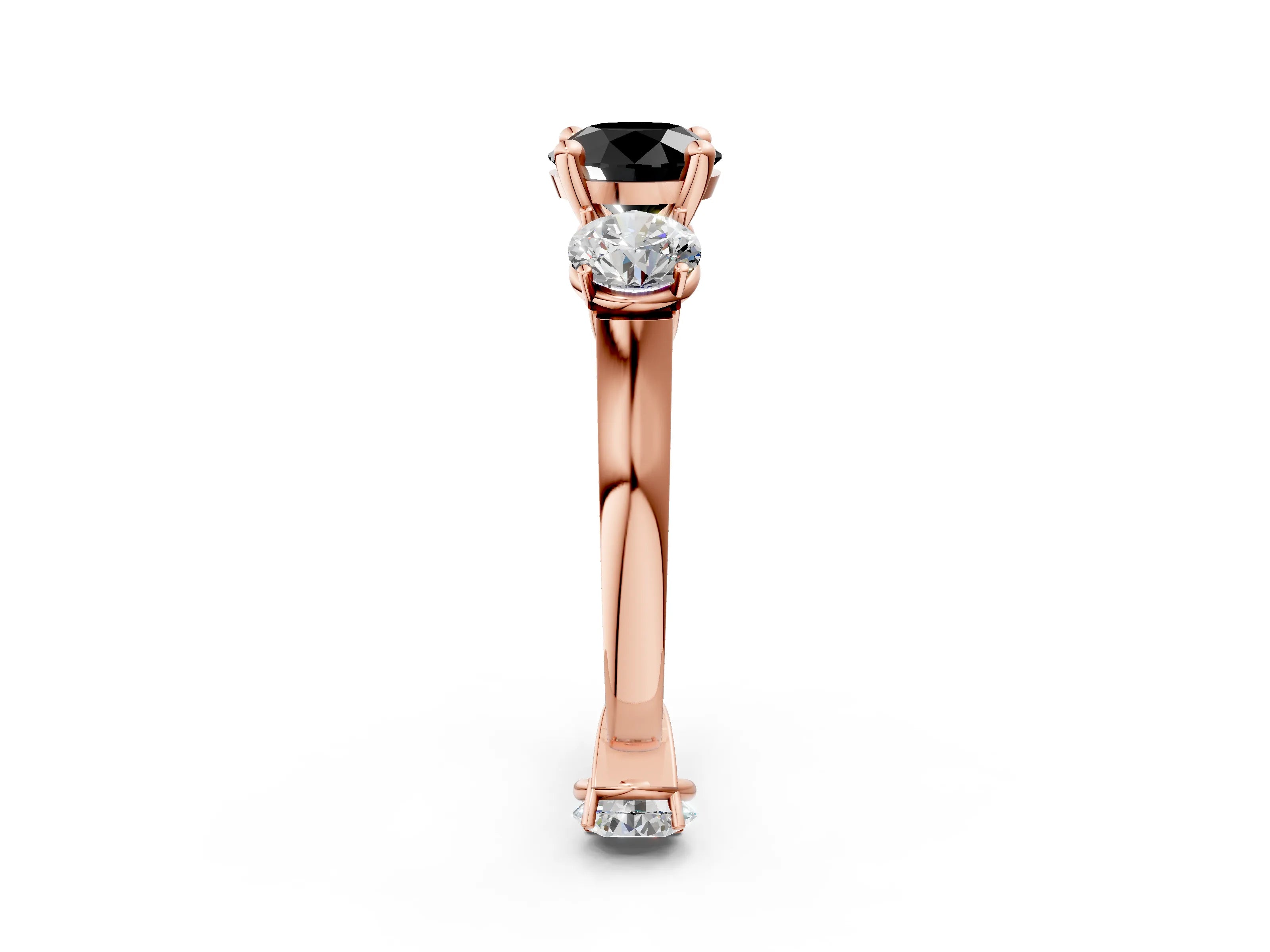 Rose gold Three-Stone Fancy Black Round Cut Brilliant Diamond Trellis Ring with Comfort Fit Band_14