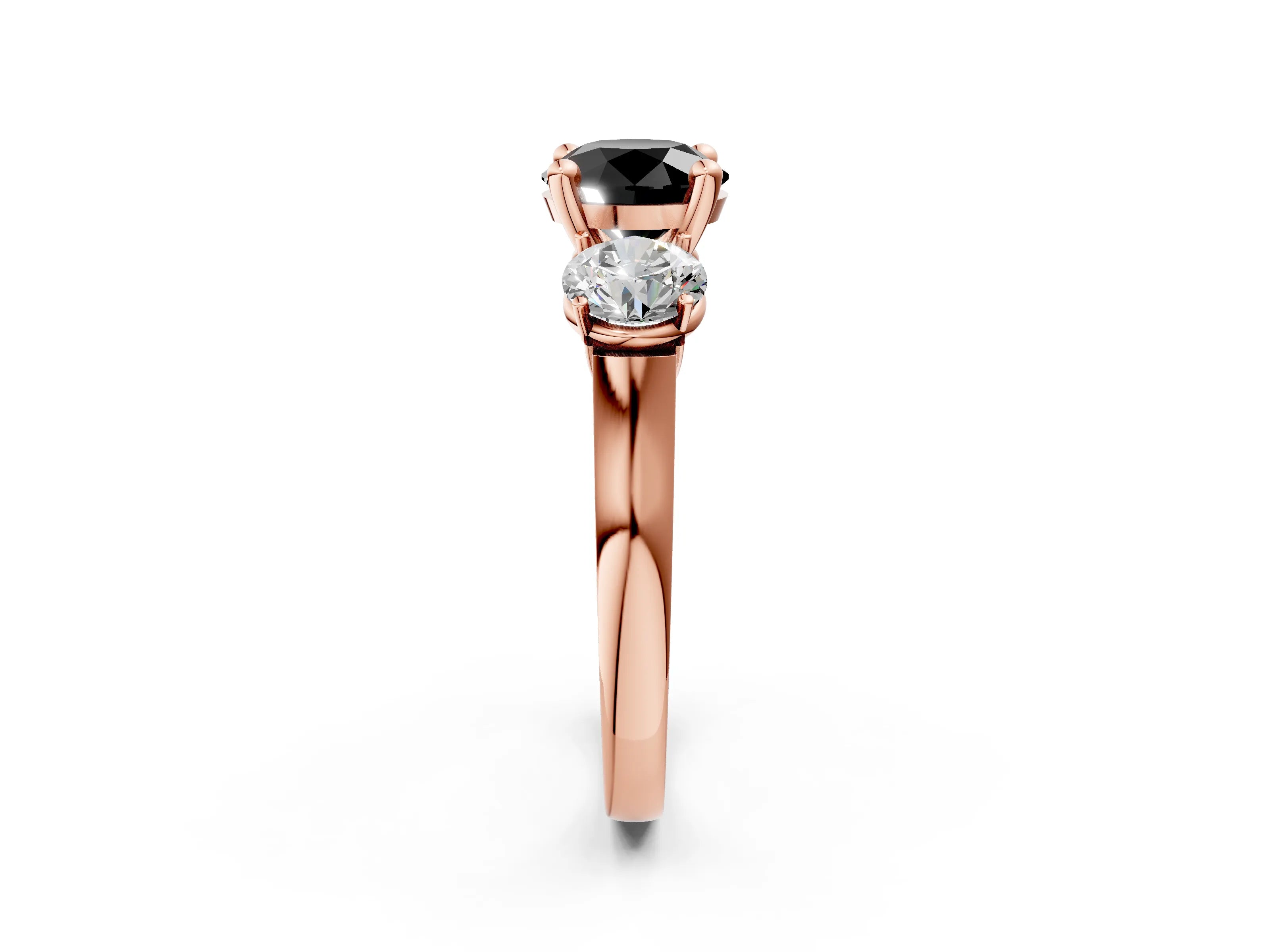 Rose gold Three-Stone Fancy Black Round Cut Brilliant Diamond Trellis Ring with Comfort Fit Band_14