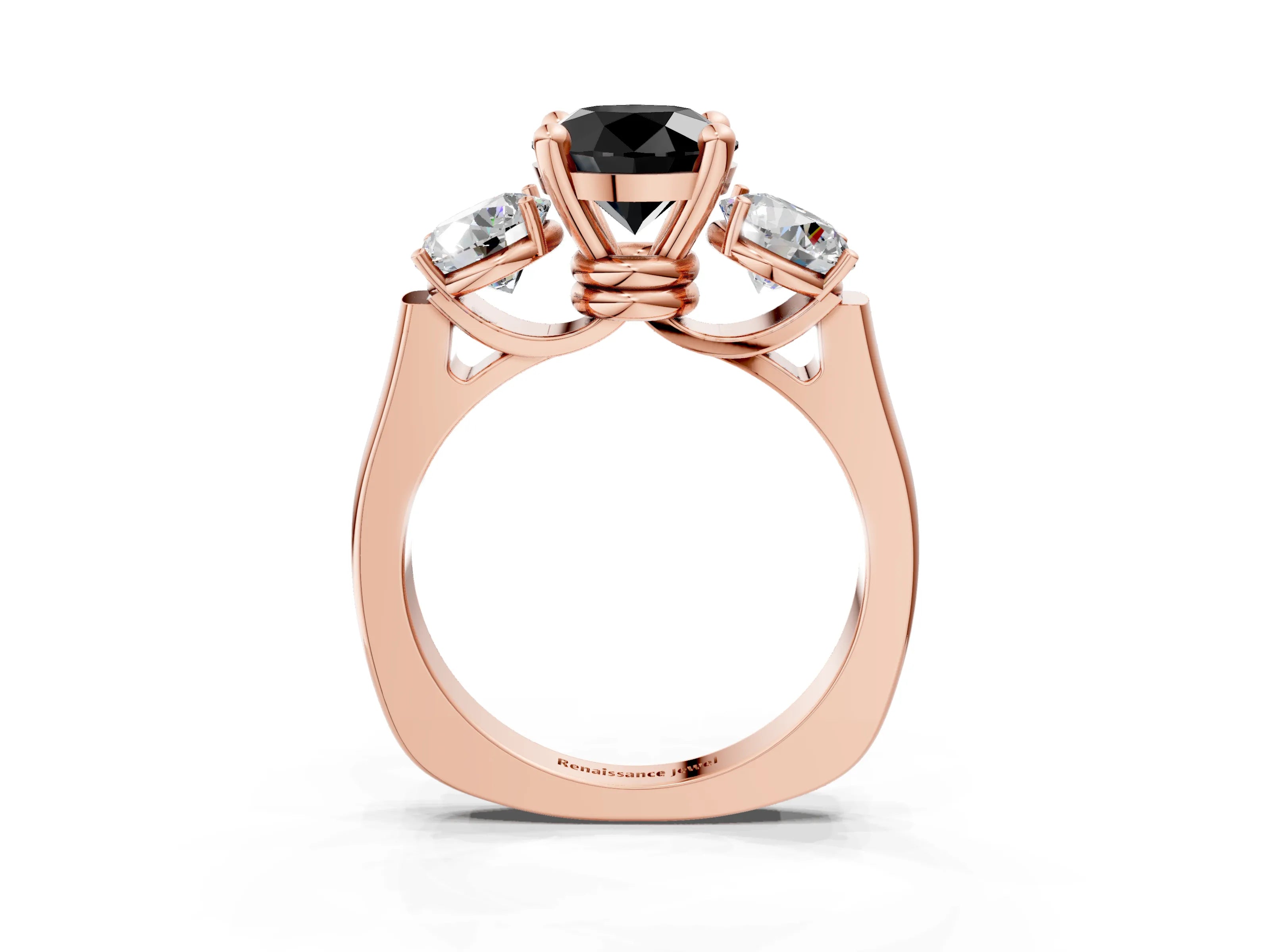 Rose gold Three-Stone Fancy Black Round Cut Brilliant Diamond Trellis Ring with Comfort Fit Band_15