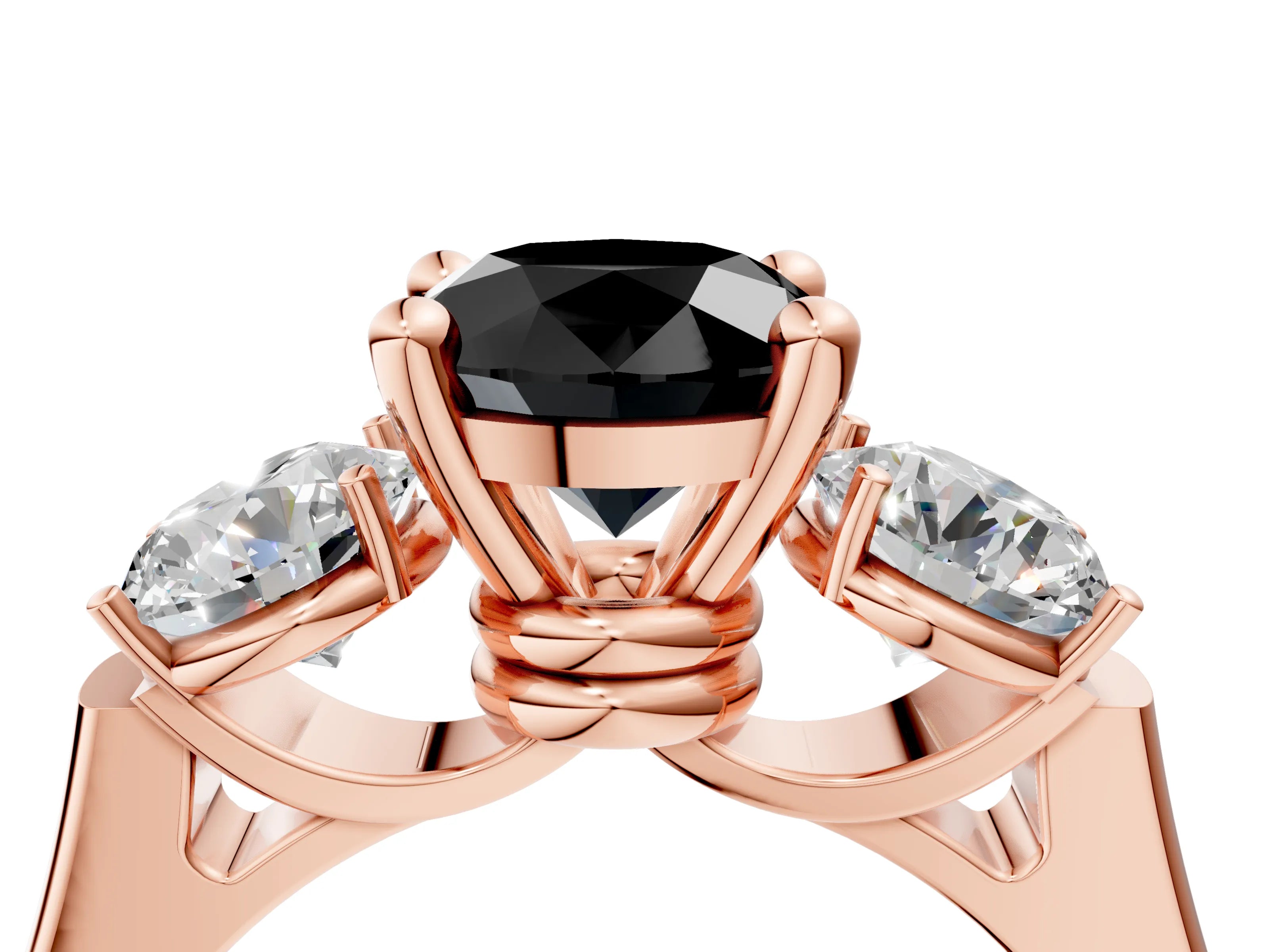Rose gold Three-Stone Fancy Black Round Cut Brilliant Diamond Trellis Ring with Comfort Fit Band_16