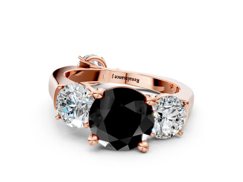 Rose gold Three-Stone Fancy Black Round Cut Brilliant Diamond Trellis Ring with Comfort Fit Band