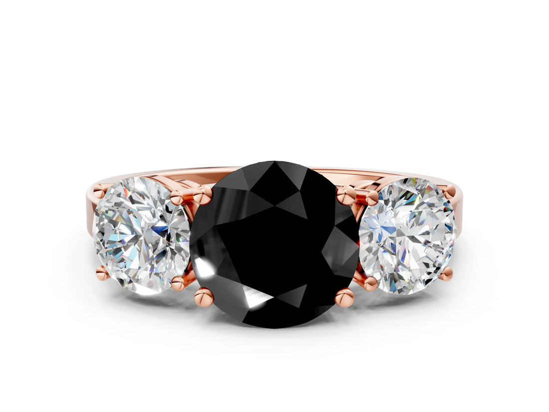 Rose gold Three-Stone Fancy Black Round Cut Cut Diamond Engagement Ring with Flat Band and Four-Prong Setting_12
