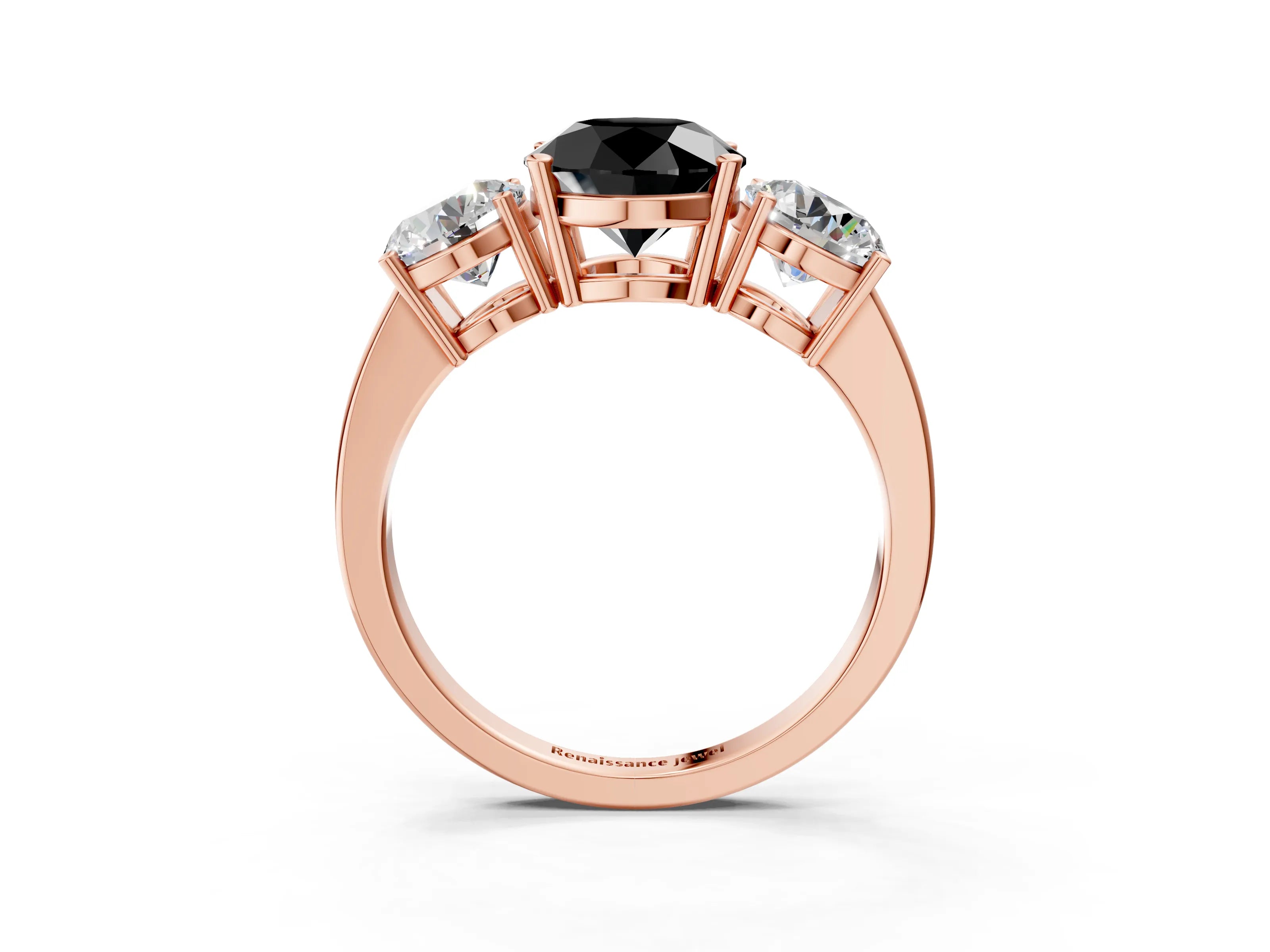 Rose gold Three-Stone Fancy Black Round Cut Cut Diamond Engagement Ring with Flat Band and Four-Prong Setting_15