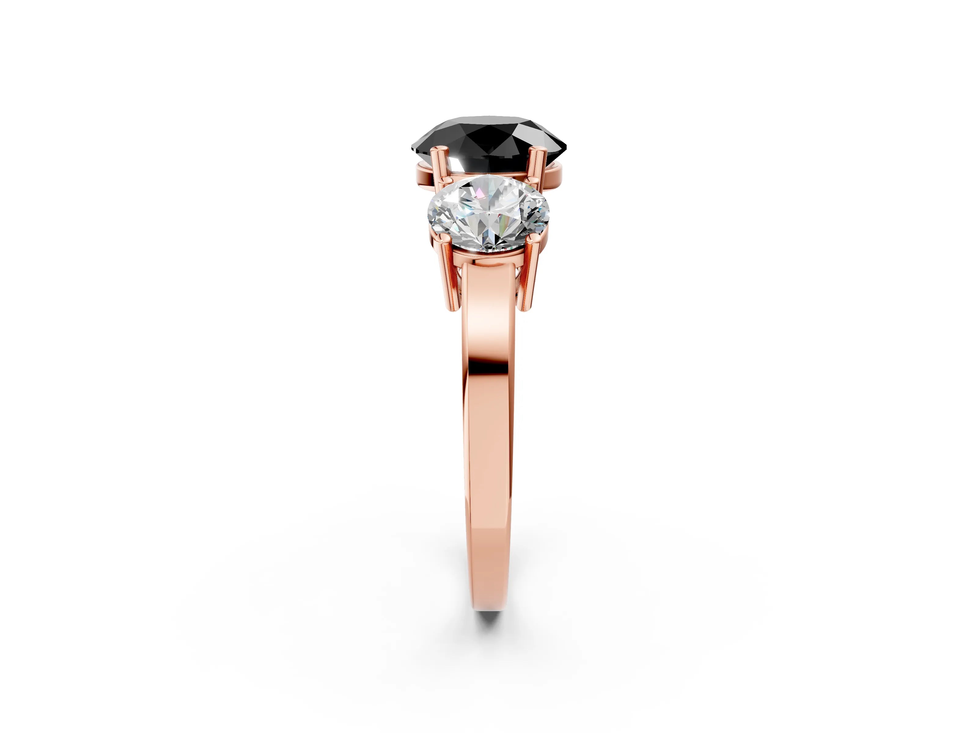 Rose gold Three-Stone Fancy Black Round Cut Cut Diamond Engagement Ring with Flat Band and Four-Prong Setting_2