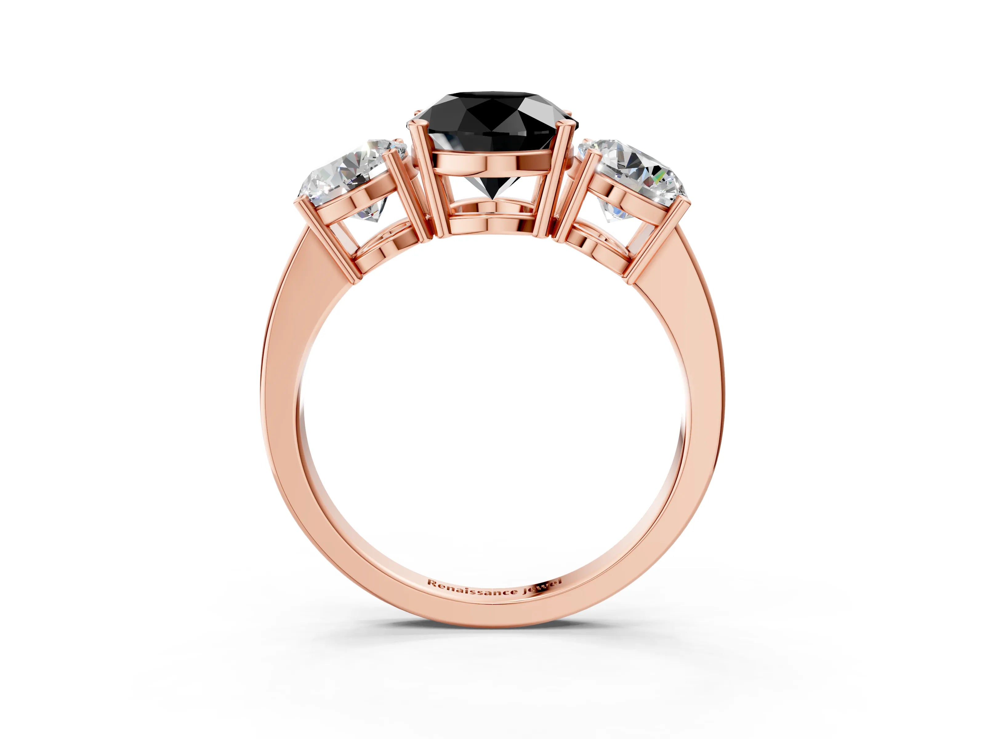 Rose gold Three-Stone Fancy Black Round Cut Cut Diamond Engagement Ring with Flat Band and Four-Prong Setting_3