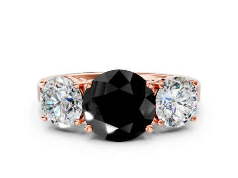 Rose gold Three-Stone Fancy Black Round Cut Cut Diamond Engagement Ring with Flat Band and Four-Prong Setting