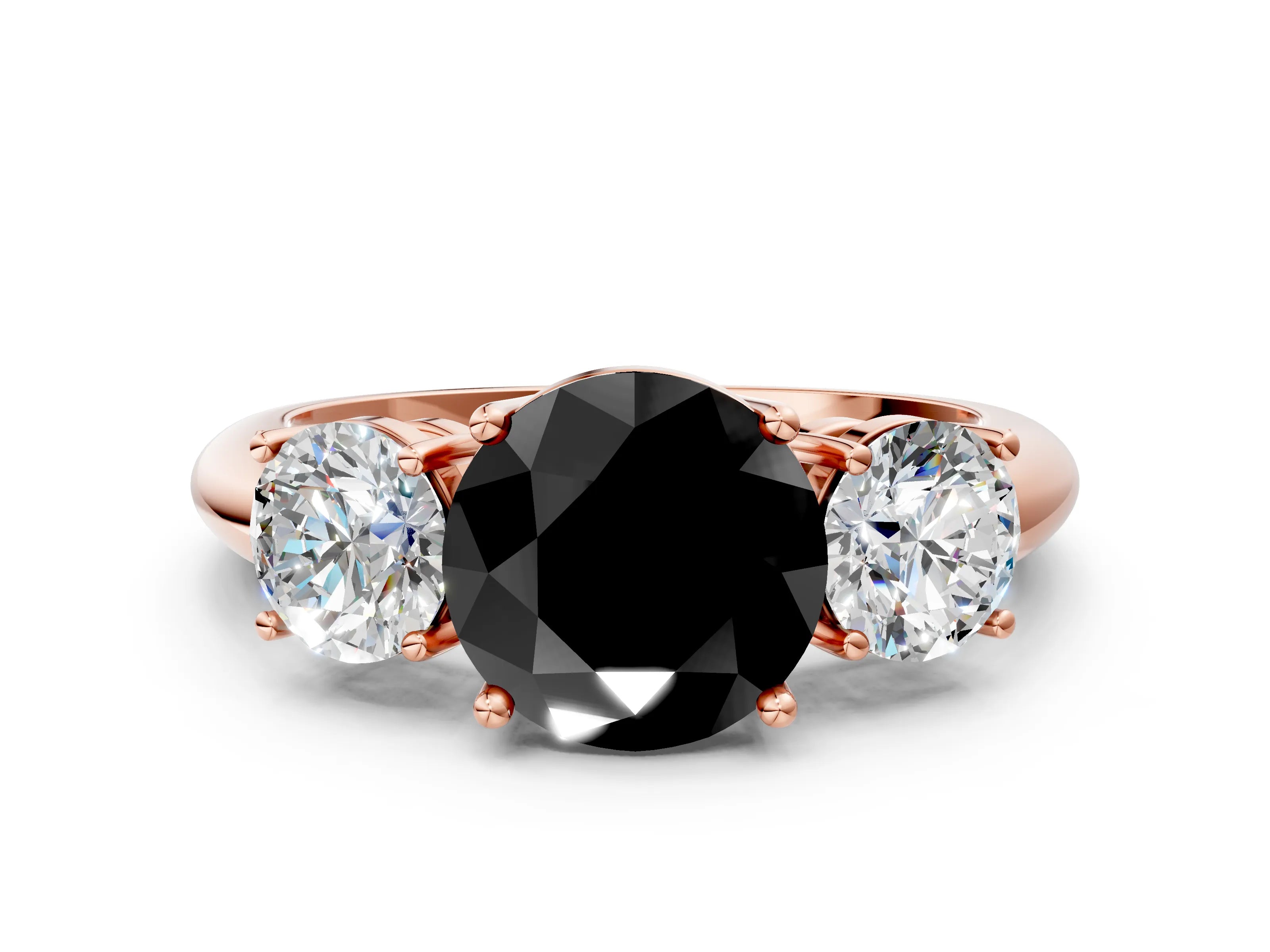 Rose gold Three-Stone Fancy Black Round Cut Cut Diamond Engagement Ring with Prong Setting on a White Gold Band