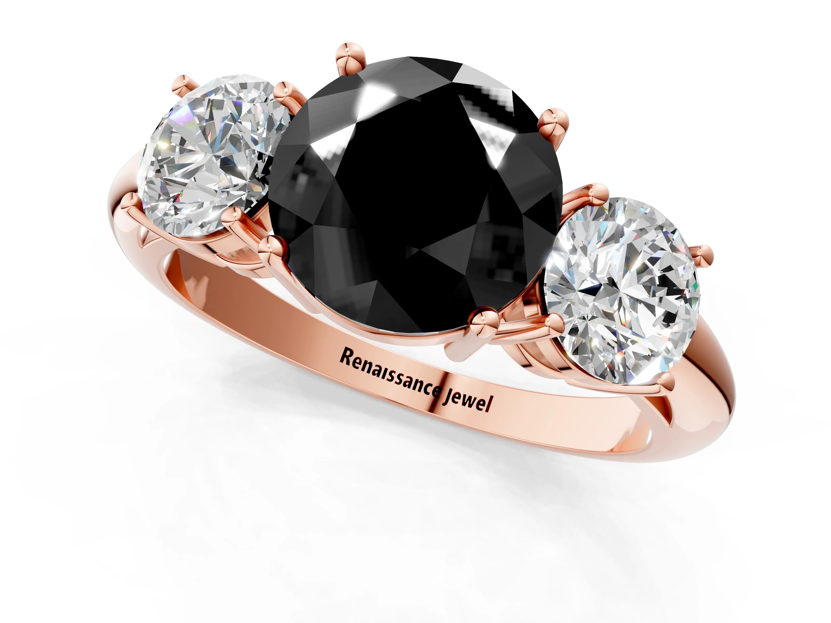 Rose gold Three-Stone Fancy Black Round Cut Cut Diamond Engagement Ring with Prong Setting on a White Gold Band_1