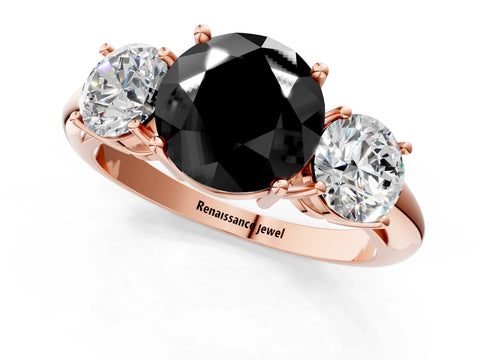 Rose gold Three-Stone Fancy Black Round Cut Cut Diamond Engagement Ring with Prong Setting on a White Gold Band_1