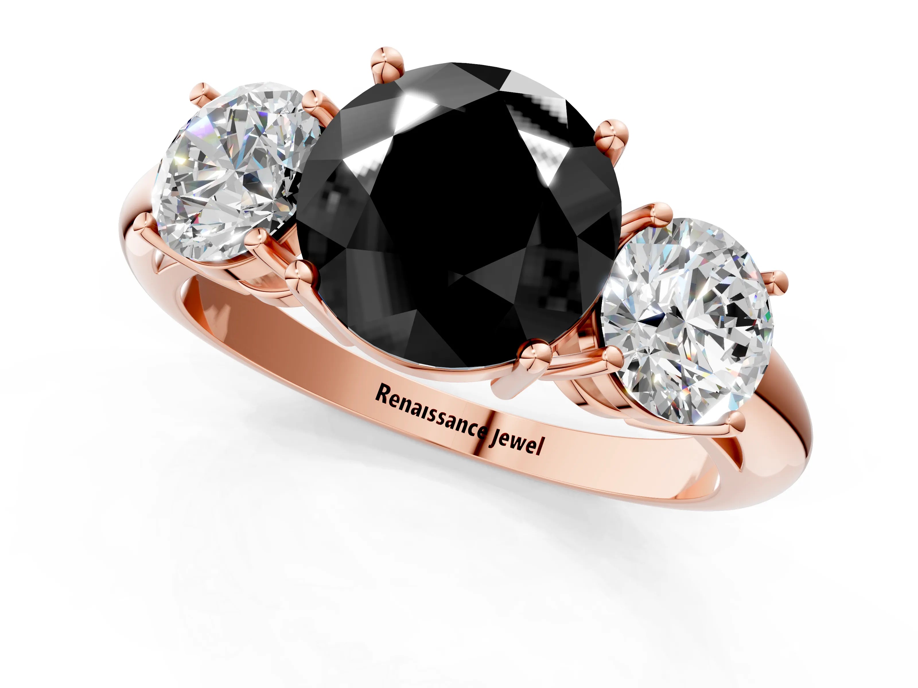Rose gold Three-Stone Fancy Black Round Cut Cut Diamond Engagement Ring with Prong Setting on a White Gold Band_25