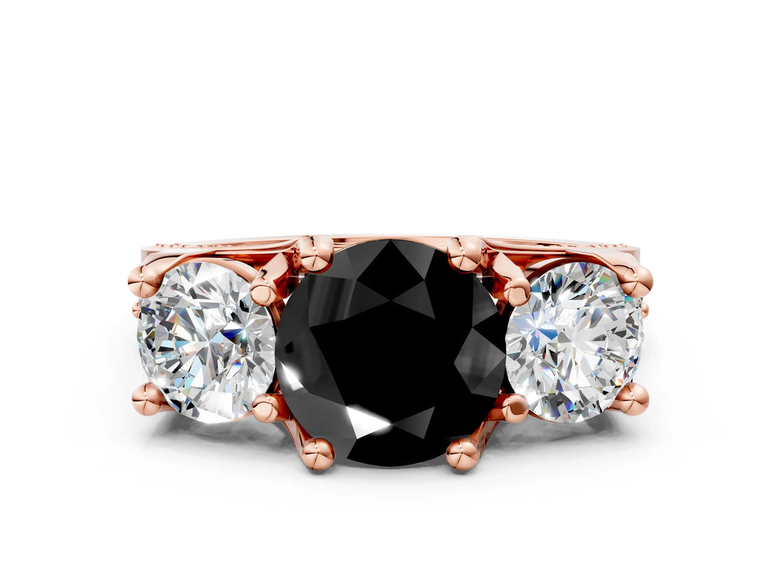 Rose gold Three-Stone Fancy Black Round Cut Cut Diamond Ring with Channel-Set Band and Four-Prong Setting_12