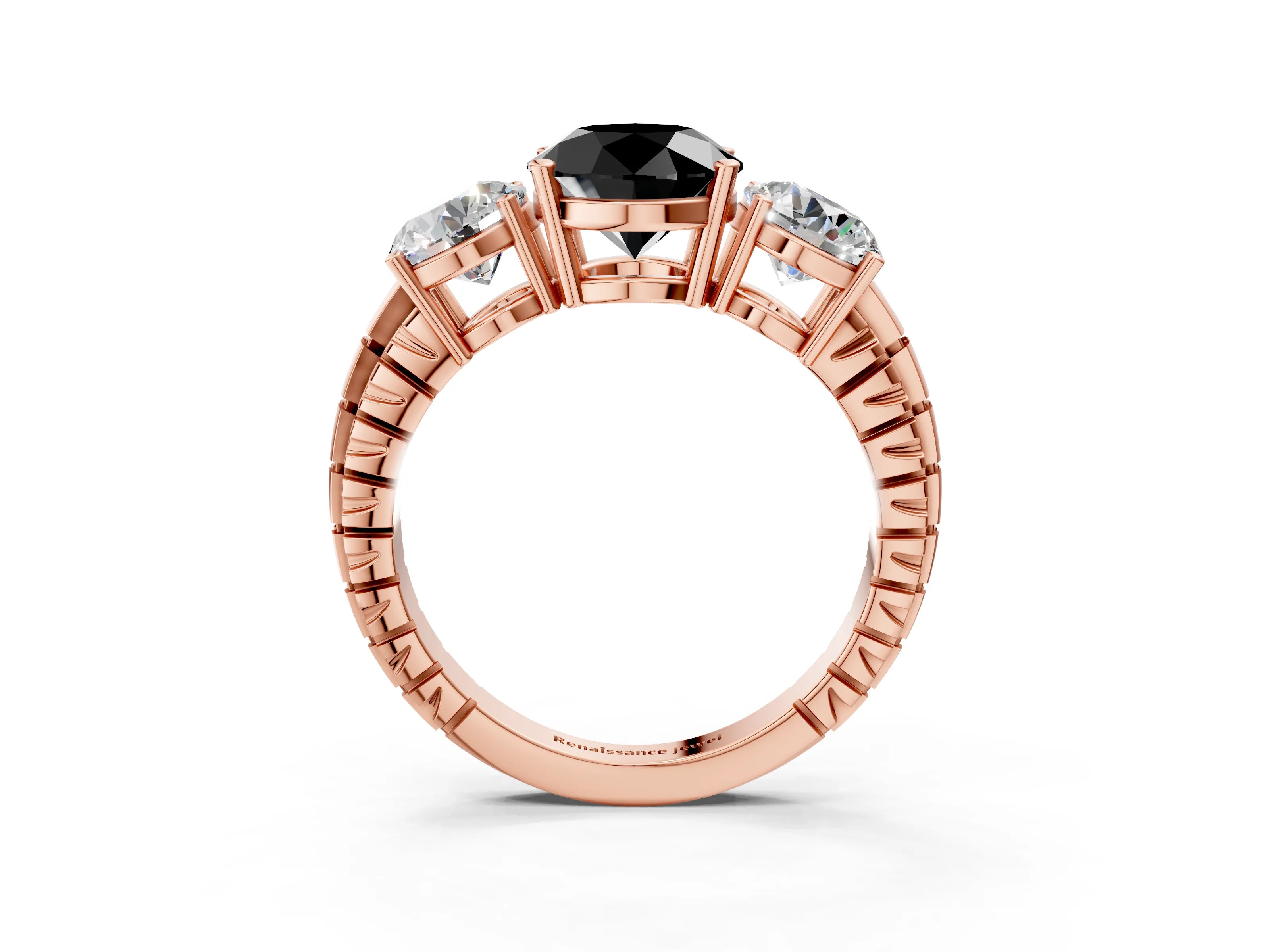 Rose gold Three-Stone Fancy Black Round Cut Cut Diamond Ring with Channel-Set Band and Prong Setting_3