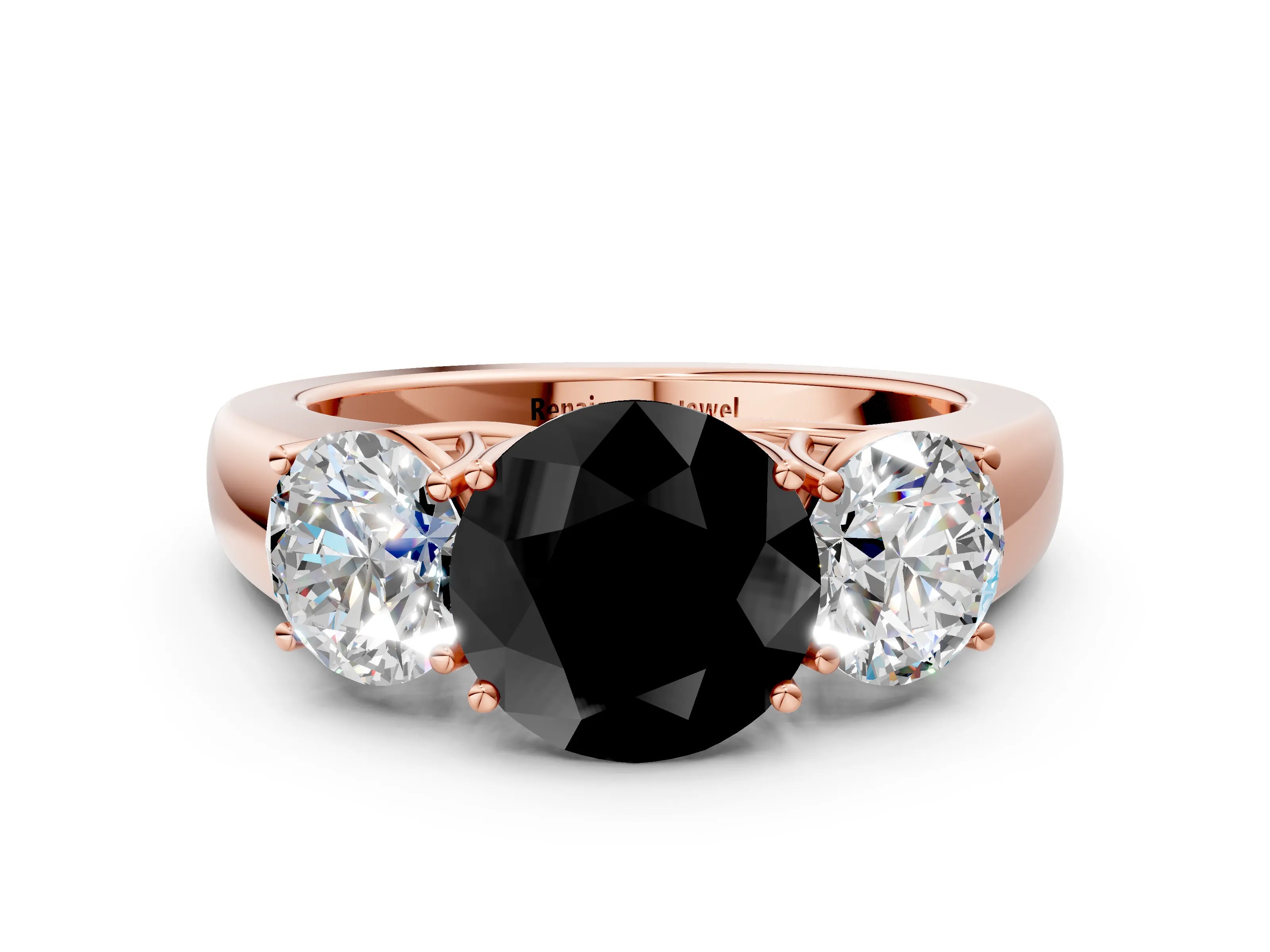 Rose gold Three-Stone Fancy Black Round Cut Cut Diamond Ring with Prong Setting and Classic Band
