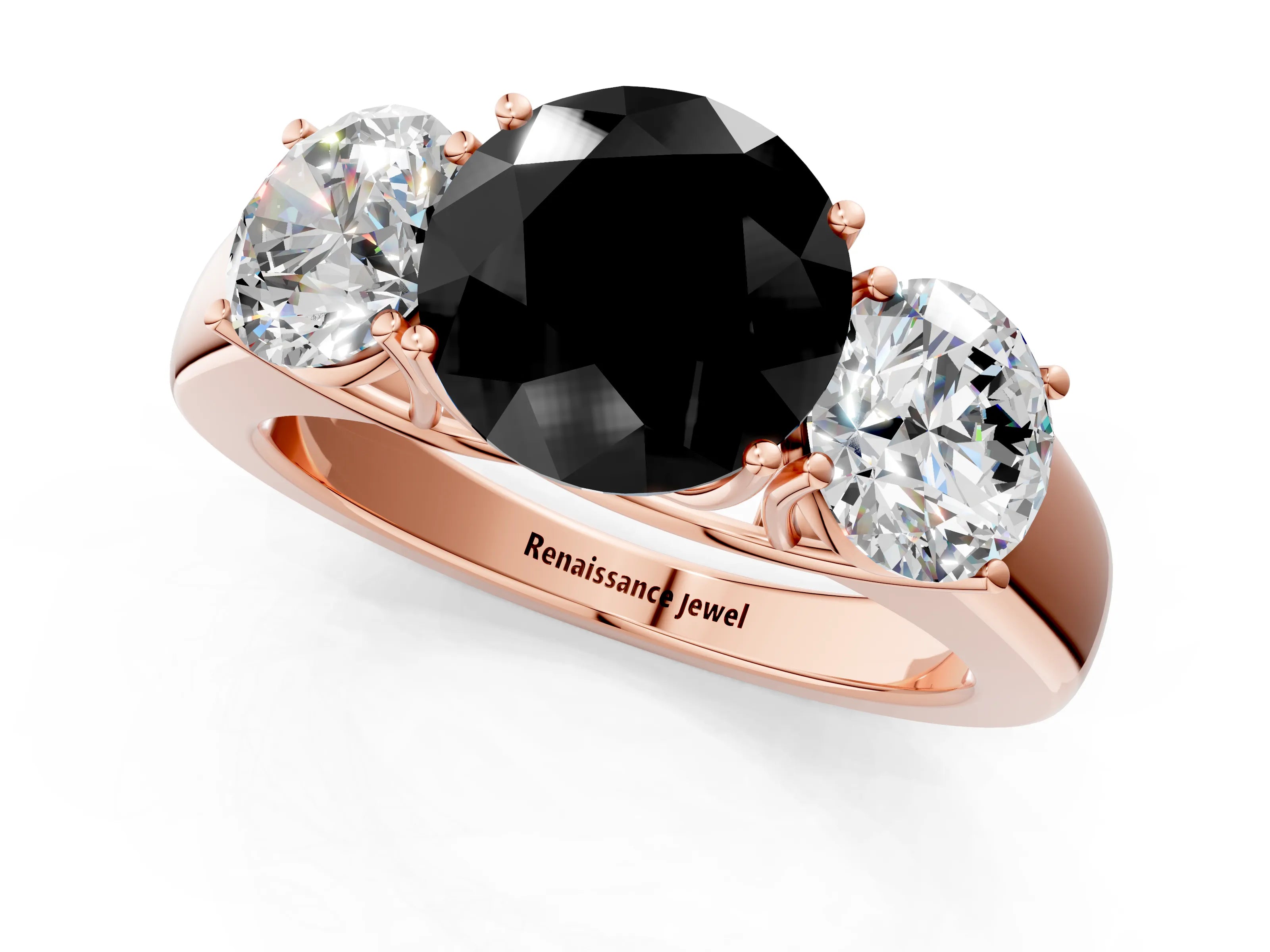 Rose gold Three-Stone Fancy Black Round Cut Cut Diamond Ring with Prong Setting and Classic Band_1