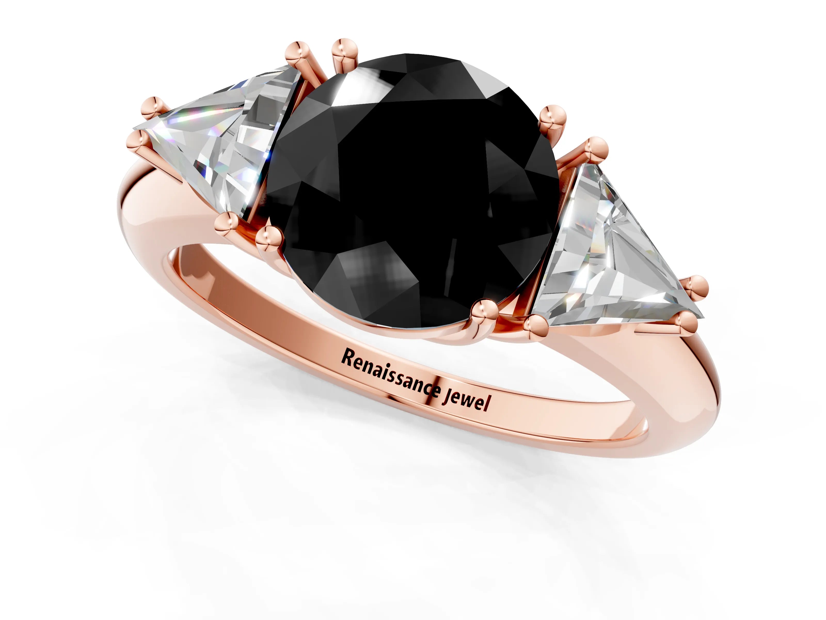 Rose gold Three-Stone Fancy Black Round Cut Cut Diamond Ring with Trillion Side Stones and Four-Prong Setting_4