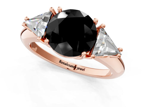 Rose gold Three-Stone Fancy Black Round Cut Cut Diamond Ring with Trillion Side Stones and Four-Prong Setting_4