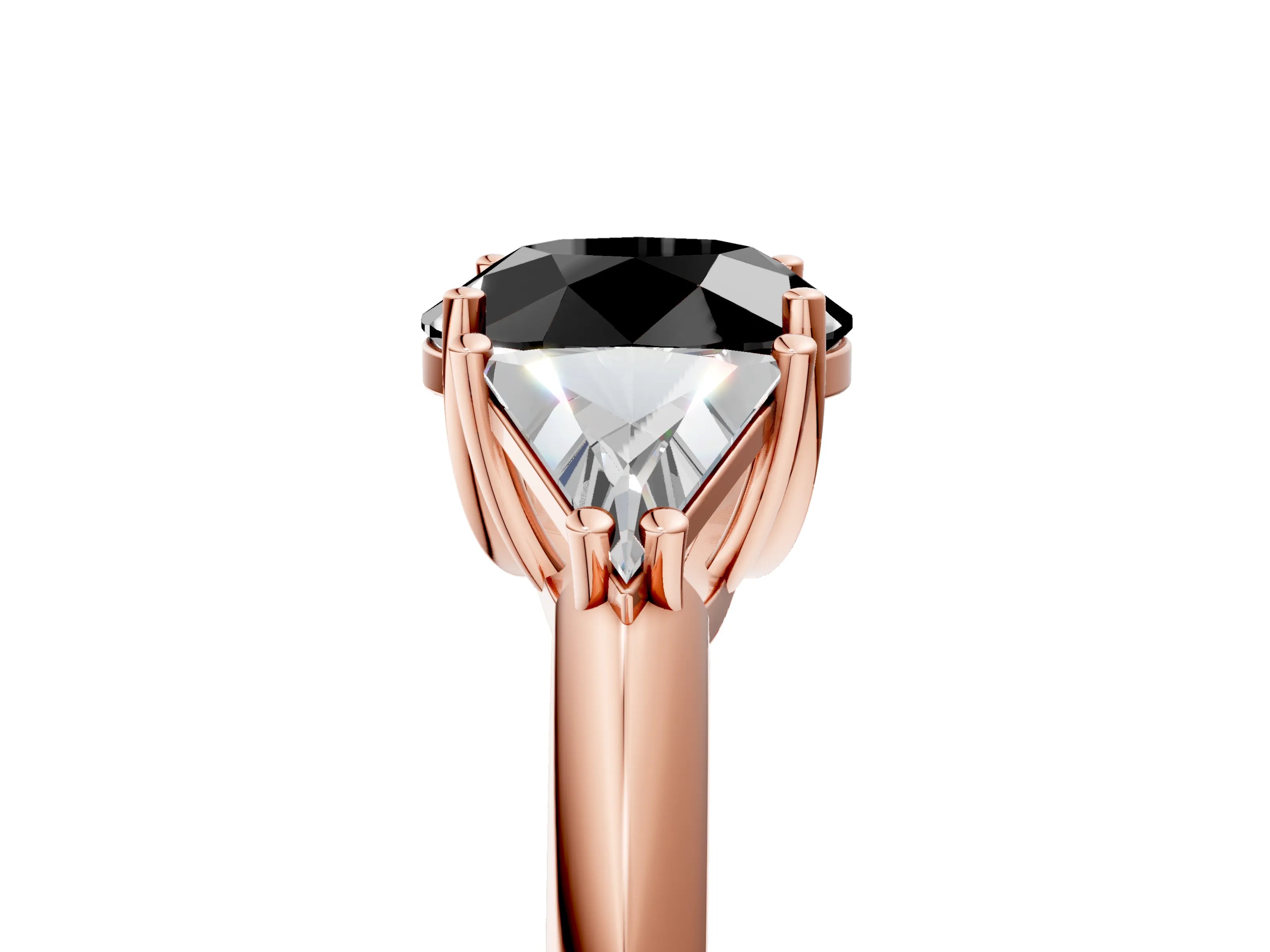 Rose gold Three-Stone Fancy Black Round Cut Cut Diamond Ring with Trillion Side Stones and Four-Prong Setting_8
