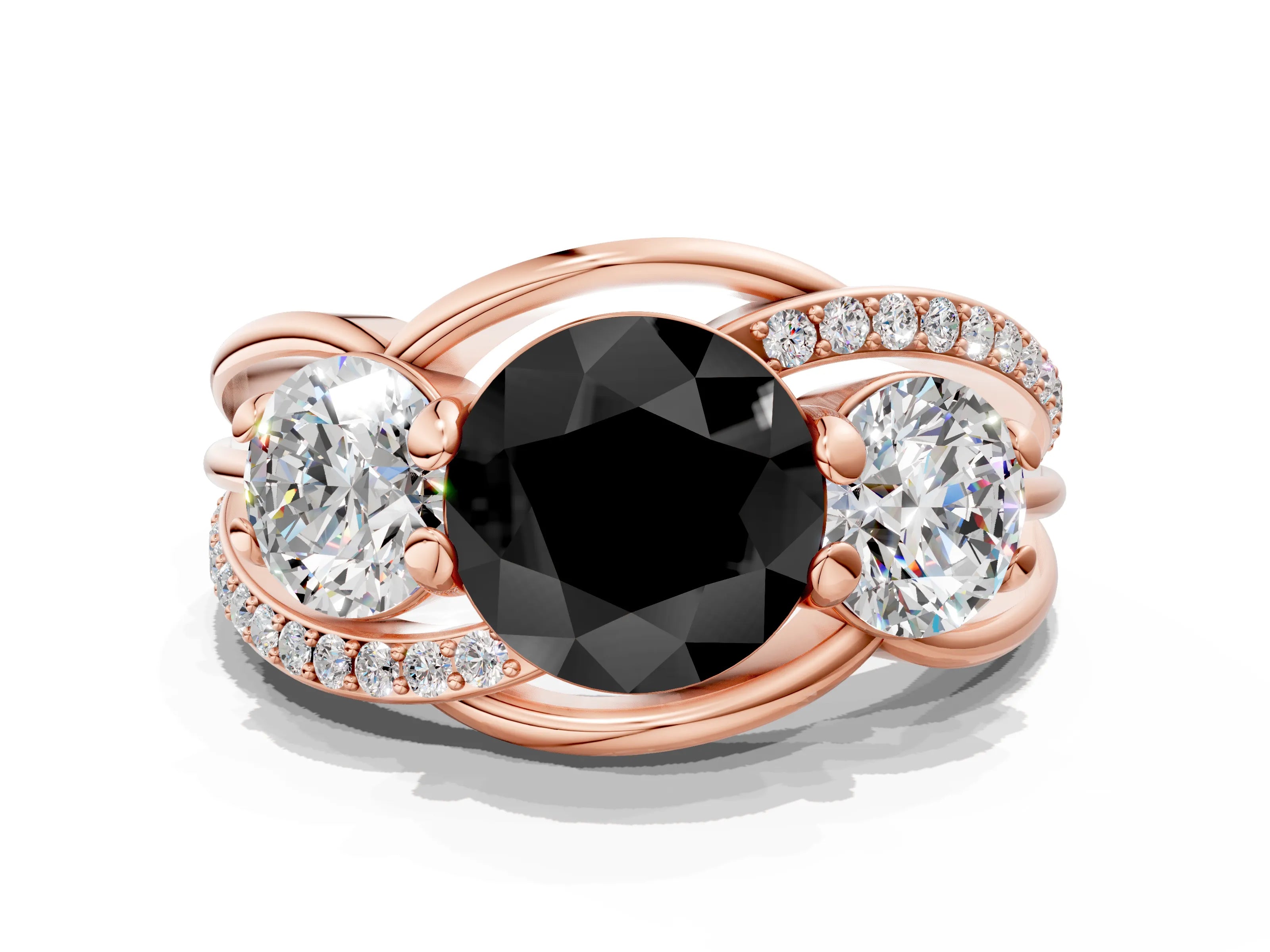 Rose gold Three-Stone Fancy Black Round Cut Cut Diamond Split Shank Prong Set Ring